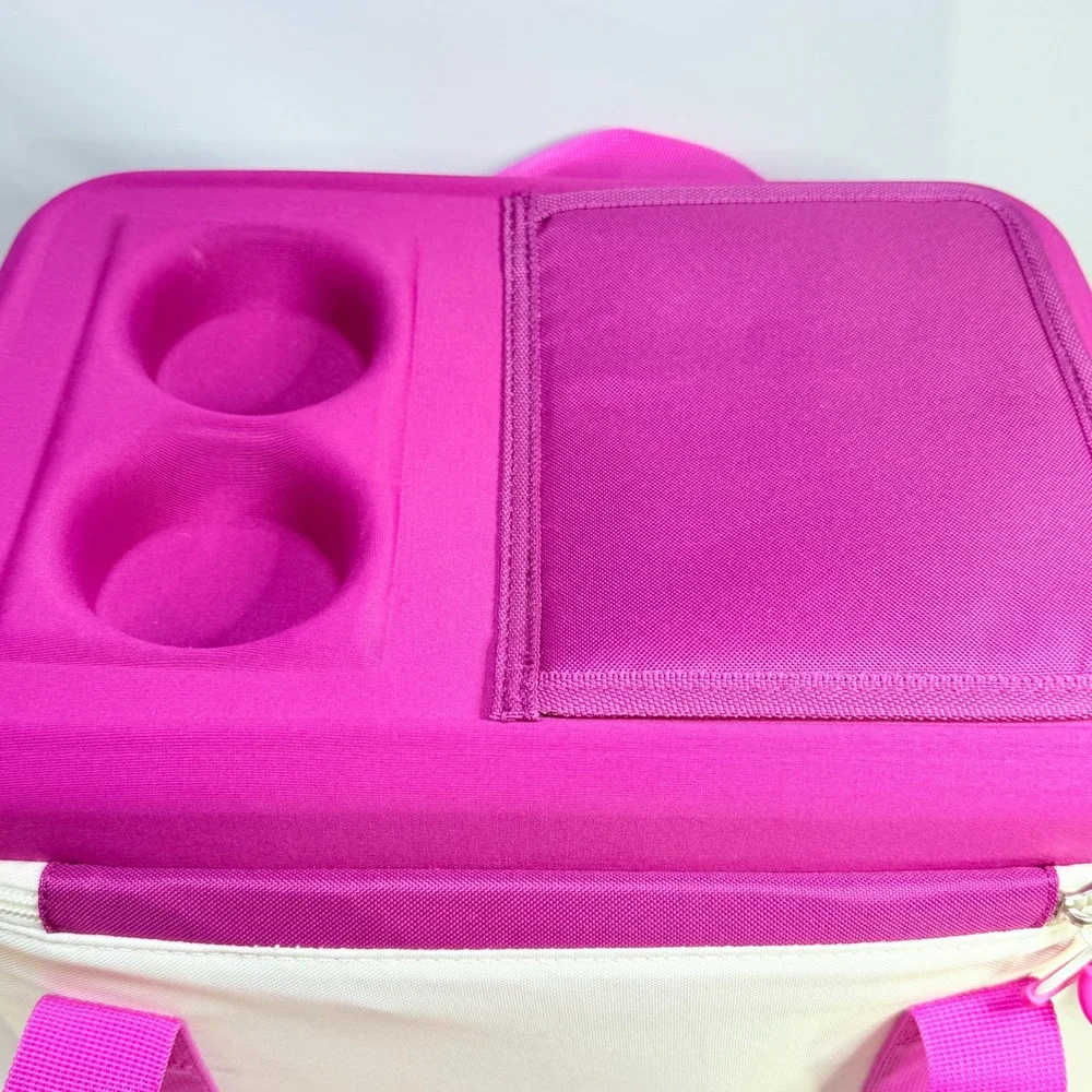 Pink and White Insulated Soft Cooler Bag with Cup Holders and Shoulder Strap
